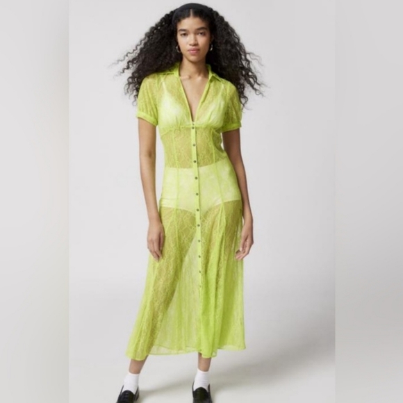 Urban Outfitters Connie Sheer Lace Maxi Dress Neon Green - Picture 5 of 10